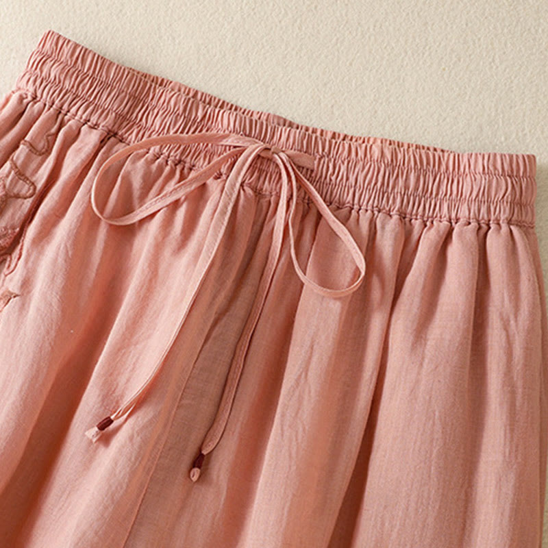 Buddha Stones Commute Embroidery Drawstring Women's Cotton Wide Leg Pants With Pockets - image 19