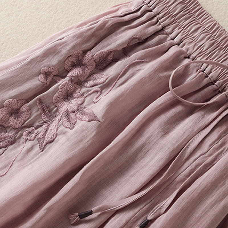 Buddha Stones Commute Embroidery Drawstring Women's Cotton Wide Leg Pants With Pockets - image 37