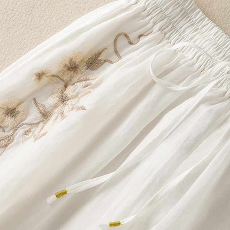 Buddha Stones Commute Embroidery Drawstring Women's Cotton Wide Leg Pants With Pockets - image 29