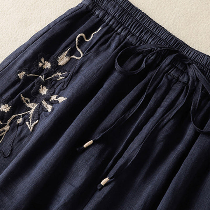 Buddha Stones Commute Embroidery Drawstring Women's Cotton Wide Leg Pants With Pockets - image 4