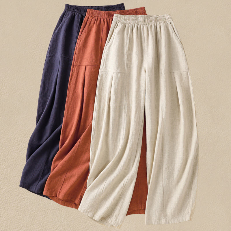 Buddha Stones Plain Simple Design High Waist Women's Cotton Linen Harem Pants With Pockets - image 25