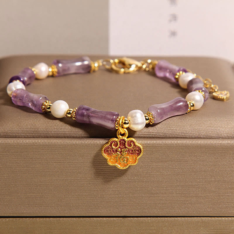Buddha Stones Natural Peace Lock Bamboo Shape Fu Character Amethyst Pearl Balance Bracelet - Amethyst(Wrist Circumference: 18-22cm) - image 0