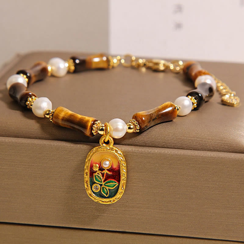 Buddha Stones Natural Bamboo Tiger Eye Pearl Strength Bracelet - image 1