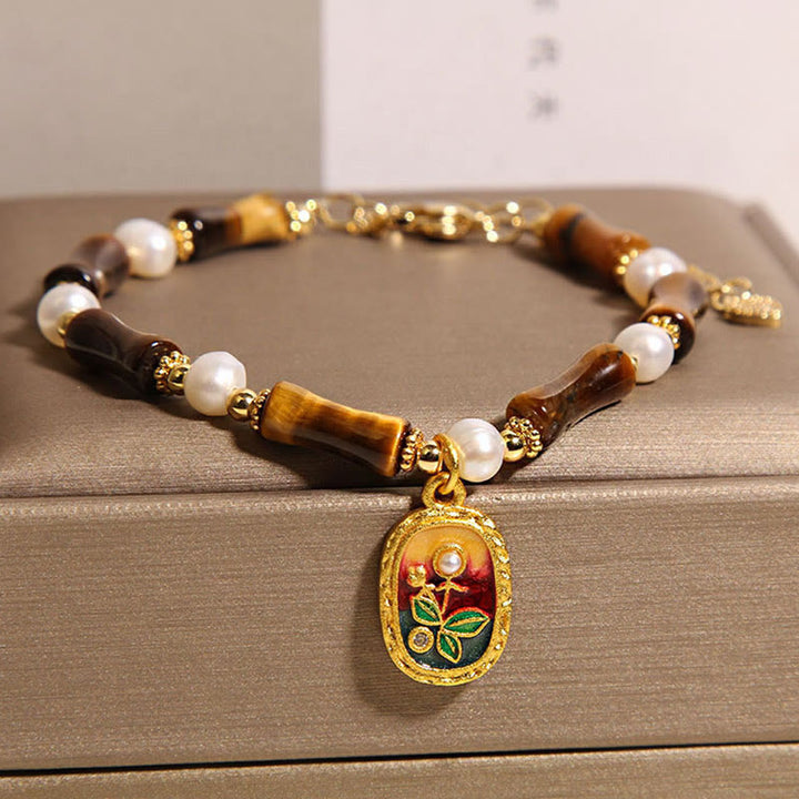 Buddha Stones Natural Bamboo Tiger Eye Pearl Strength Bracelet - image 2