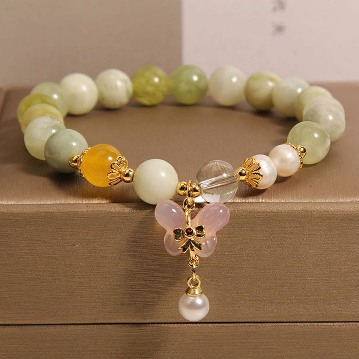Buddha Stones Natural Butterfly Serpentine Jade Yanyuan Agate Luck Bracelet - Serpentine Jade(Wrist Circumference: 16-18cm) - image 0