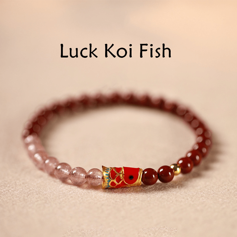Buddha Stones Natural Cinnabar Pink Crystal Strawberry Quartz Lucky Koi Fish Blessing Bracelet - Cinnabar-5mm & Strawberry Quartz & Big Koi - image 0