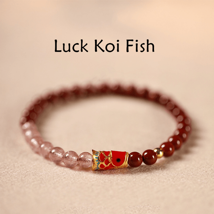 Buddha Stones Natural Cinnabar Pink Crystal Strawberry Quartz Lucky Koi Fish Blessing Bracelet - Cinnabar-5mm & Strawberry Quartz & Big Koi - image 0