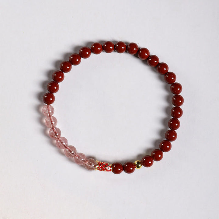 Buddha Stones Natural Cinnabar Pink Crystal Strawberry Quartz Lucky Koi Fish Blessing Bracelet - Cinnabar-5mm & Strawberry Quartz & Small Koi - image 9