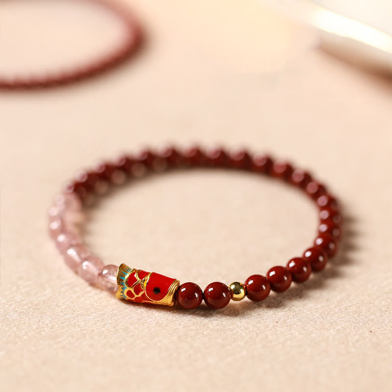 Buddha Stones Natural Cinnabar Pink Crystal Strawberry Quartz Lucky Koi Fish Blessing Bracelet - image 3