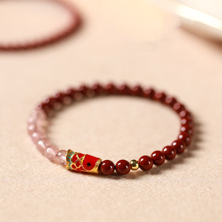 Buddha Stones Natural Cinnabar Pink Crystal Strawberry Quartz Lucky Koi Fish Blessing Bracelet - image 3