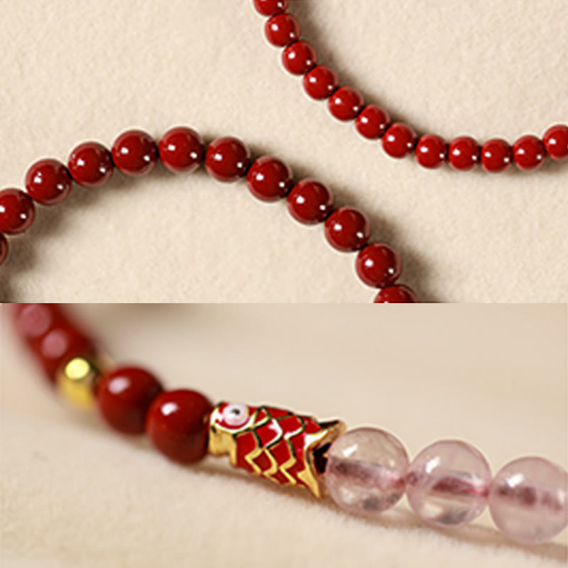 Buddha Stones Natural Cinnabar Pink Crystal Strawberry Quartz Lucky Koi Fish Blessing Bracelet - image 16