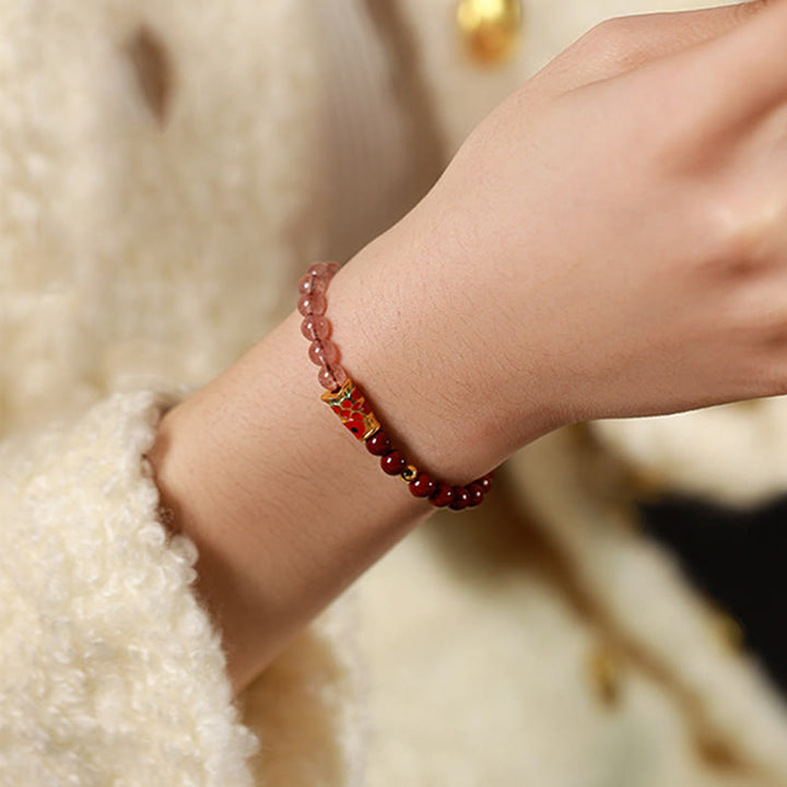 Buddha Stones Natural Cinnabar Pink Crystal Strawberry Quartz Lucky Koi Fish Blessing Bracelet - image 4