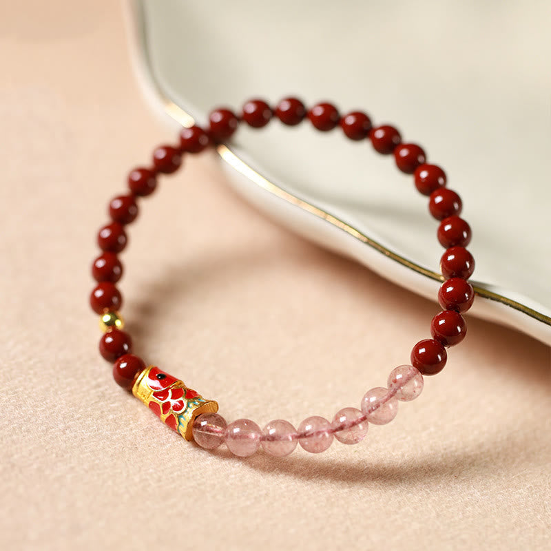 Buddha Stones Natural Cinnabar Pink Crystal Strawberry Quartz Lucky Koi Fish Blessing Bracelet - image 1