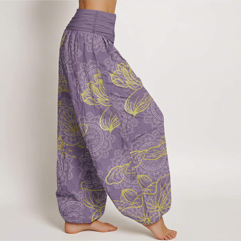 Buddha Stones Pure Cotton Golden Lotus Mandala Pattern Women's Elastic Waist Harem Pants - image 11