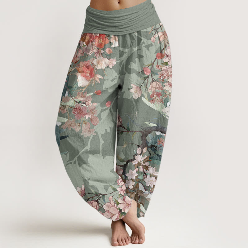 Buddha Stones Pure Cotton Red Pink Blooming Flowers Lush Branches Women's Elastic Waist Harem Pants - DarkSeaGreen - US22，UK/AU26，EU54 (6XL) - image 0