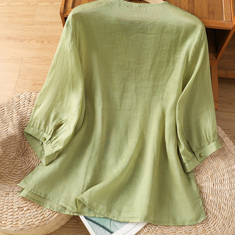 Buddha Stones Embroidered Flowers Women's V-neck Shirt - image 9