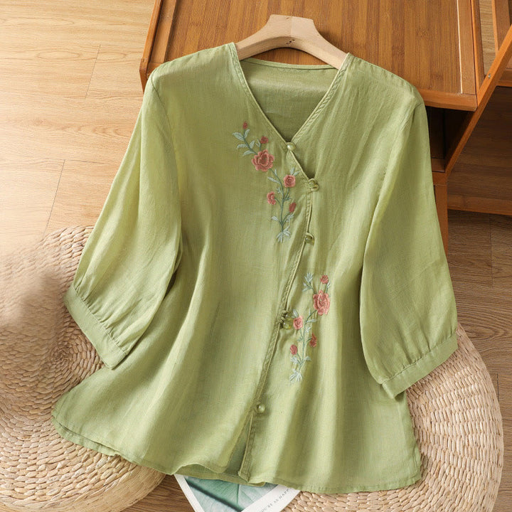 Buddha Stones Embroidered Flowers Women's V-neck Shirt - YellowGreen - US12，UK/AU16，EU44 (2XL) - image 7