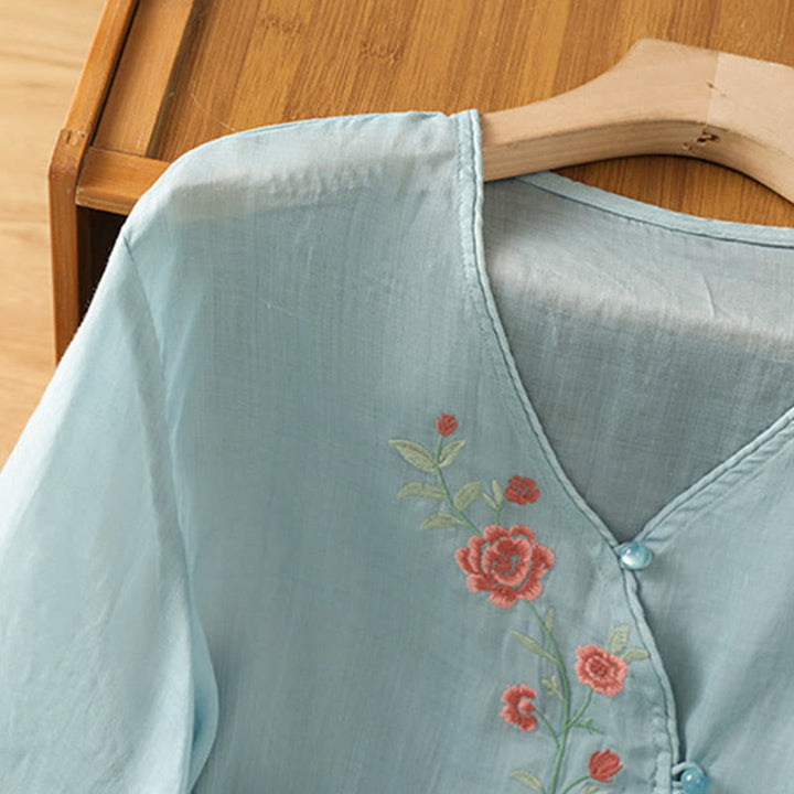 Buddha Stones Embroidered Flowers Women's V-neck Shirt - image 6