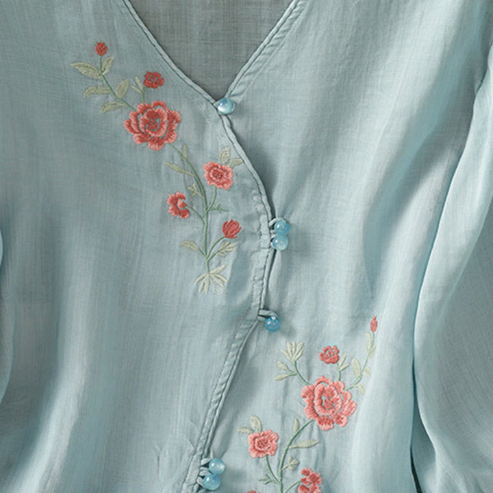 Buddha Stones Embroidered Flowers Women's V-neck Shirt - image 5