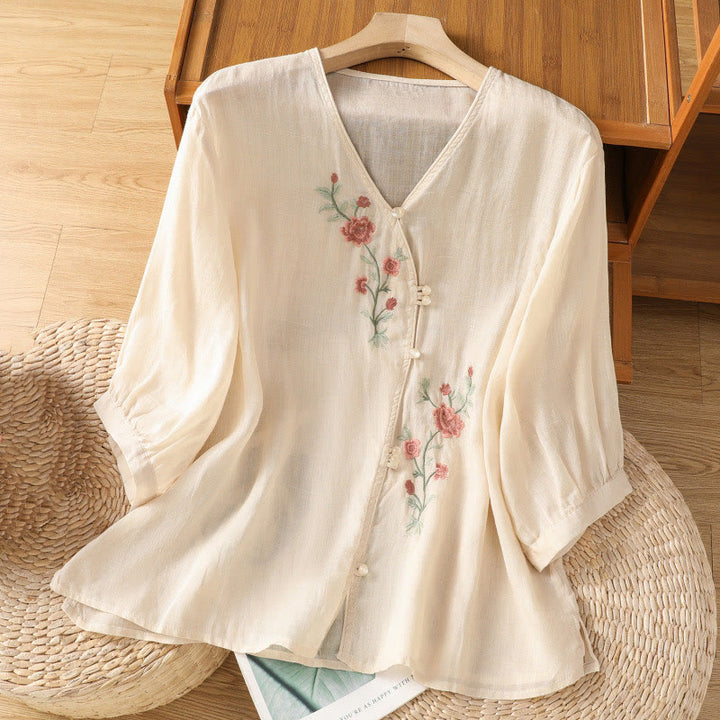 Buddha Stones Embroidered Flowers Cotton Women's V-neck Shirt - PapayaWhip - US12，UK/AU16，EU44 (2XL) - image 0