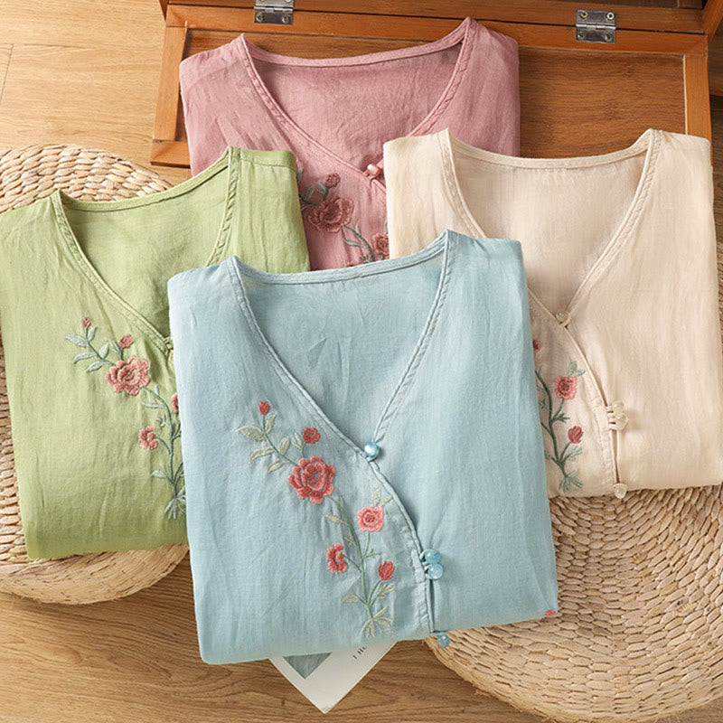 Buddha Stones Embroidered Flowers Women's V-neck Shirt - image 18