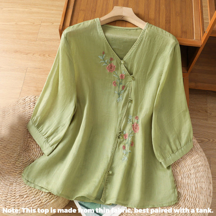 Buddha Stones Embroidered Flowers Women's V-neck Shirt - image 8