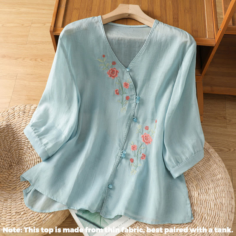 Buddha Stones Embroidered Flowers Women's V-neck Shirt - image 4