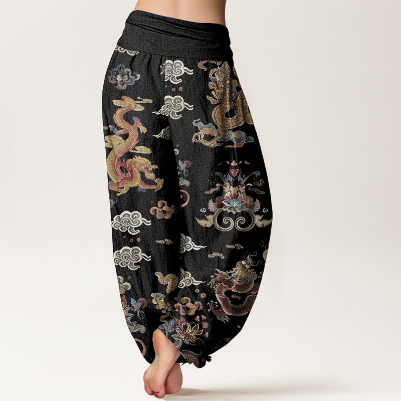 Buddha Stones Pure Cotton Golden Dragons Auspicious Clouds Design Women's Elastic Waist Harem Pants - image 1