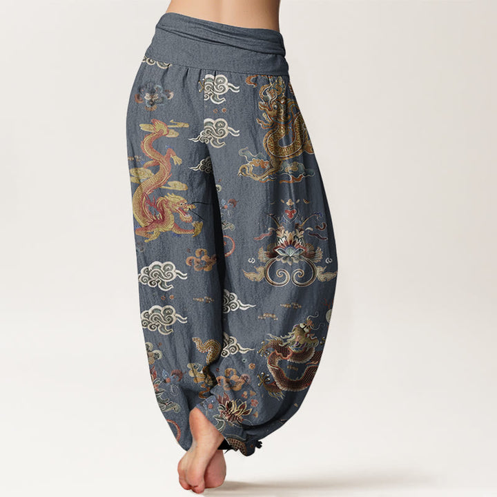 Buddha Stones Pure Cotton Golden Dragons Auspicious Clouds Design Women's Elastic Waist Harem Pants - image 7