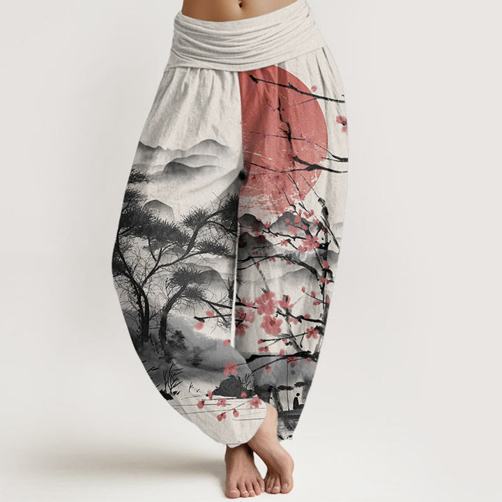 Buddha Stones Pure Cotton Casual Red Plum Blossom Mountains Sun Pattern Women's Elastic Waist Harem Pants - Beige - US22，UK/AU26，EU54 (6XL) - image 9