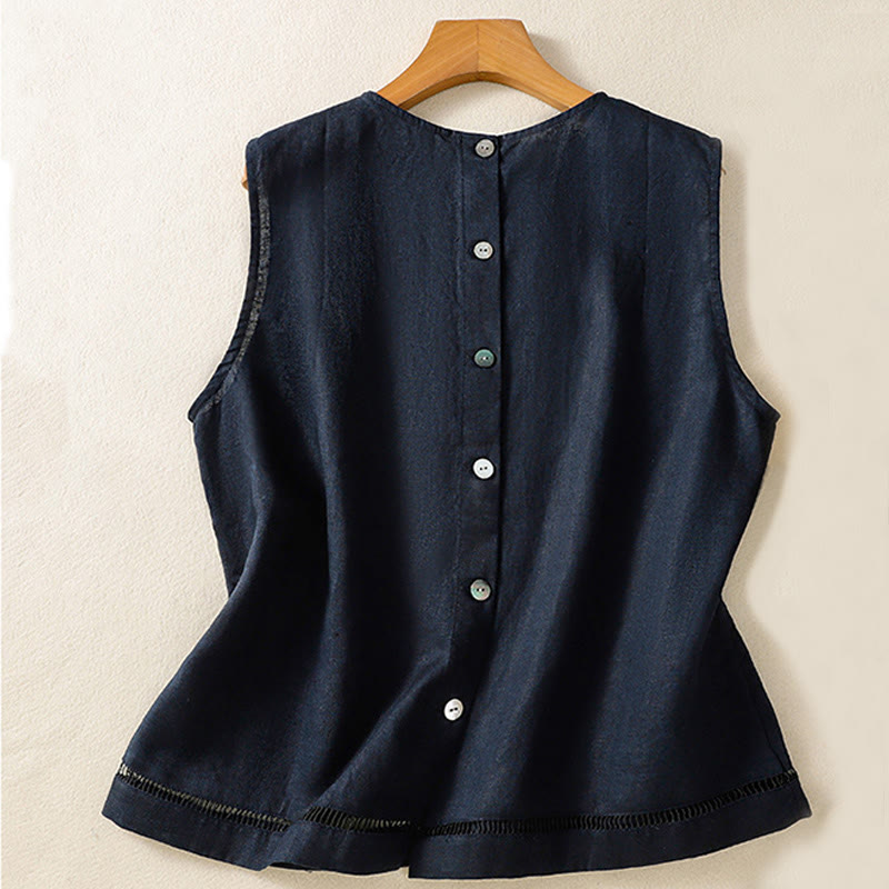 Buddha Stones Simple Crew Neck Button Design Women's Cotton Sleeveless Vest - image 1