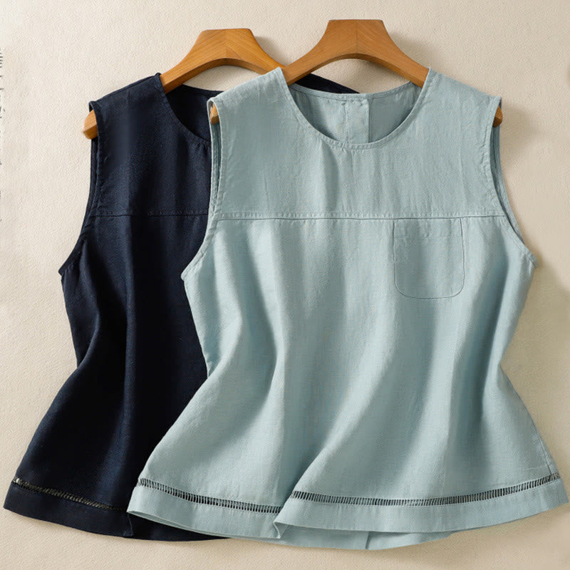 Buddha Stones Simple Crew Neck Button Design Women's Cotton Sleeveless Vest - image 15