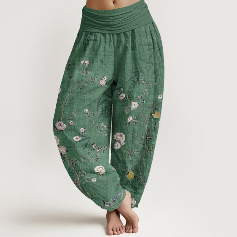 Buddha Stones Pure Cotton Pink White Flowers Bamboo Leaves Fruits Design Women's Elastic Waist Harem Pants - SpringGreen - US22，UK/AU26，EU54 (6XL) - image 6