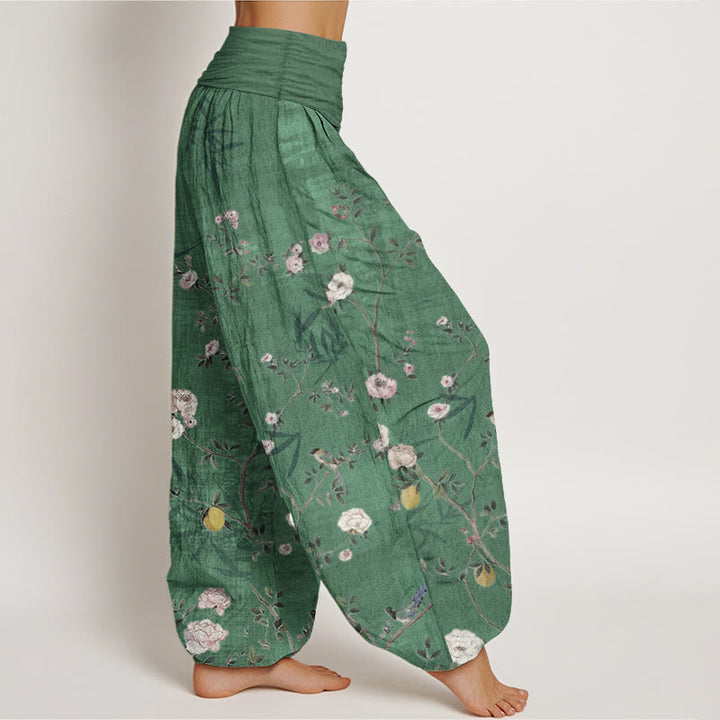 Buddha Stones Pure Cotton Pink White Flowers Bamboo Leaves Fruits Design Women's Elastic Waist Harem Pants - image 8