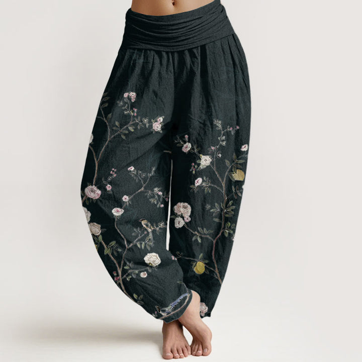 Buddha Stones Pure Cotton Pink White Flowers Bamboo Leaves Fruits Design Women's Elastic Waist Harem Pants - Black - US22，UK/AU26，EU54 (6XL) - image 9