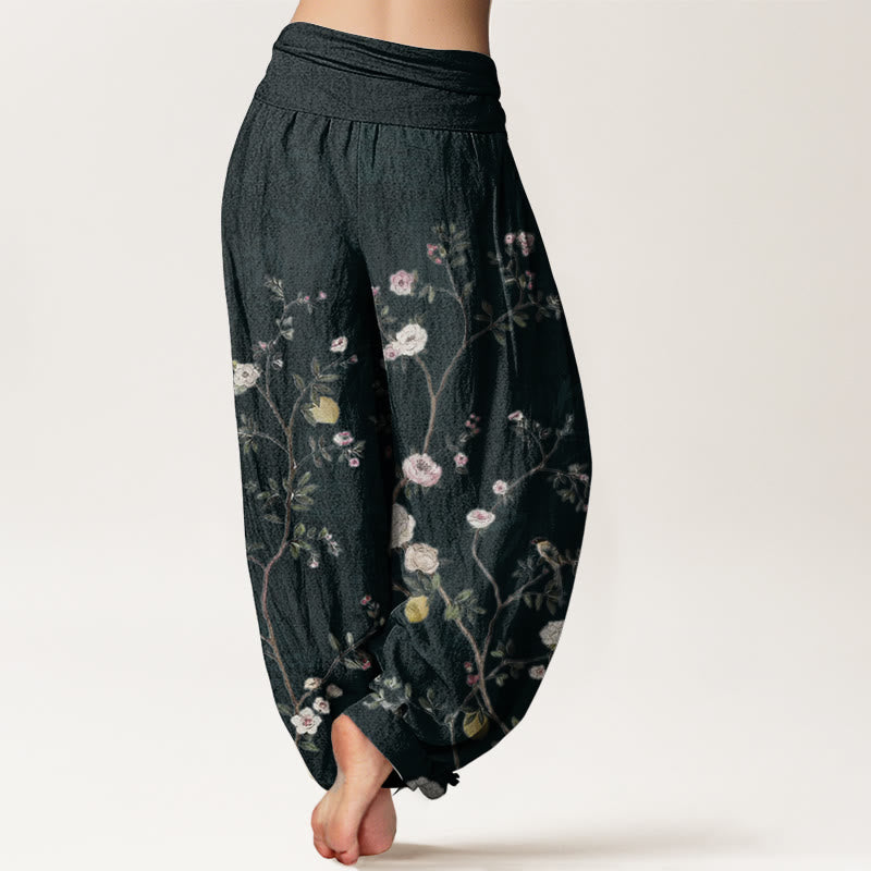 Buddha Stones Pure Cotton Pink White Flowers Bamboo Leaves Fruits Design Women's Elastic Waist Harem Pants - image 10