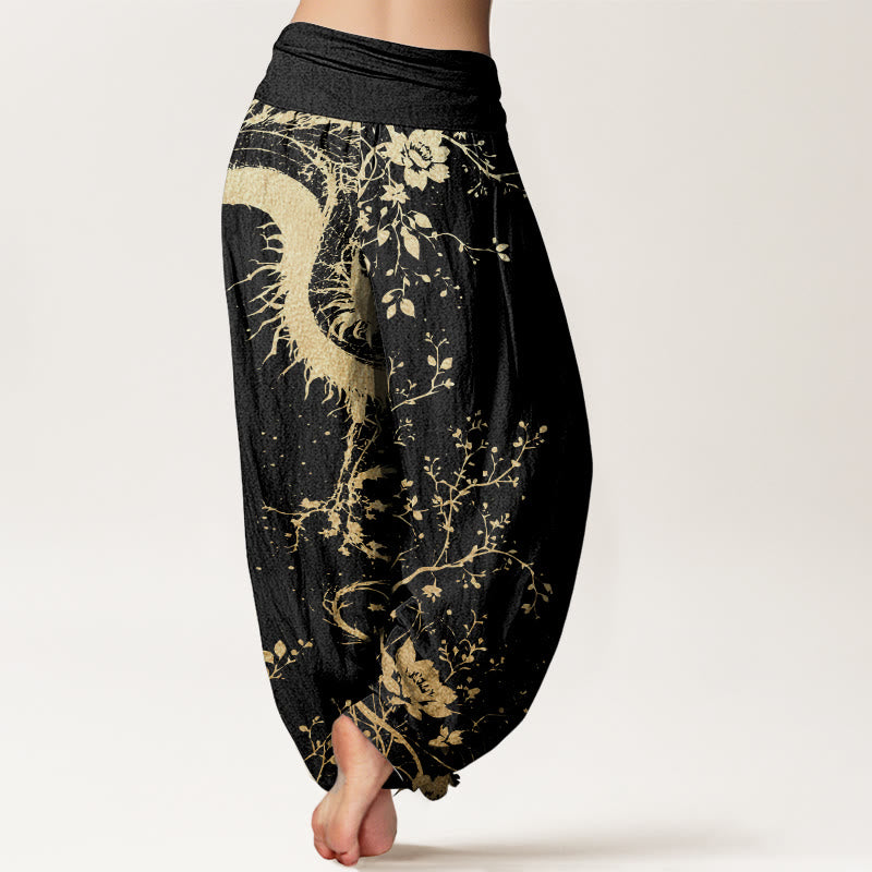 Buddha Stones Pure Cotton Casual Dragon Flower Leaf Pattern Women's Elastic Waist Harem Pants - image 1