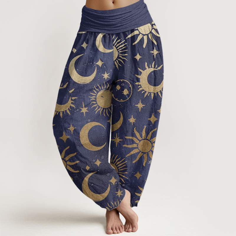 Buddha Stones Pure Cotton Crescent Moon Sun Stars Pattern Design Women's Elastic Waist Harem Pants - SlateBlue - US22，UK/AU26，EU54 (6XL) - image 6