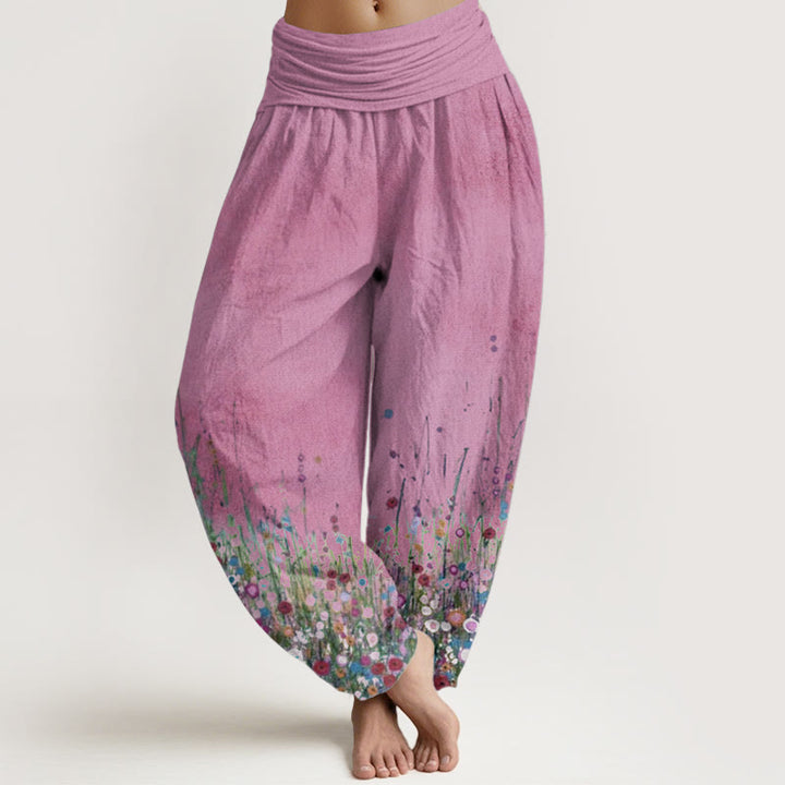 Buddha Stones Pure Cotton Casual Colorful Wildflower Field Pattern Women's Elastic Waist Harem Pants - HotPink - US22，UK/AU26，EU54 (6XL) - image 9