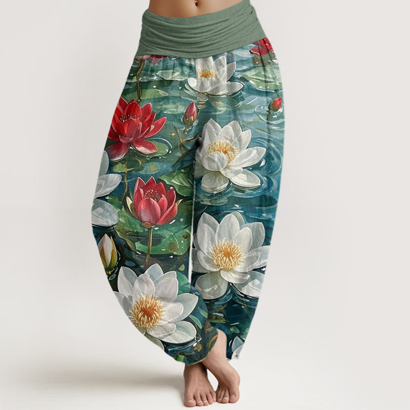Buddha Stones Cotton Casual Blooming Red Lotus Flower Pattern Women's Elastic Waist Harem Pants - ForestGreen - US22，UK/AU26，EU54 (6XL) - image 0