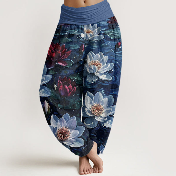 Buddha Stones Cotton Casual Blooming Red Lotus Flower Pattern Women's Elastic Waist Harem Pants - MediumBlue - US22，UK/AU26，EU54 (6XL) - image 4