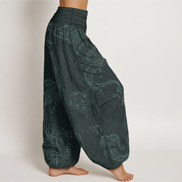 Buddha Stones Pure Cotton Koi Fish Floral Pattern Women's Elastic Waist Harem Pants - image 10
