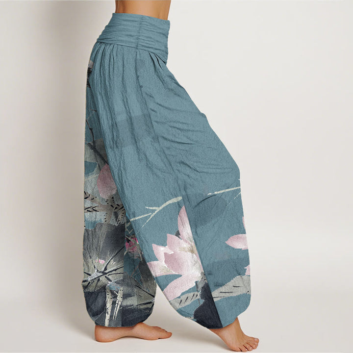 Buddha Stones Pure Cotton Pink Lotus Leaves Bird Pattern Women's Elastic Waist Harem Pants - image 7