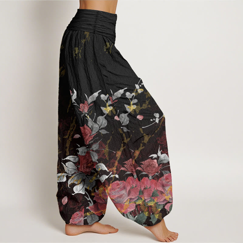 Buddha Stones Pure Cotton Blooming Roses Pattern Women's Elastic Waist Harem Pants - image 2