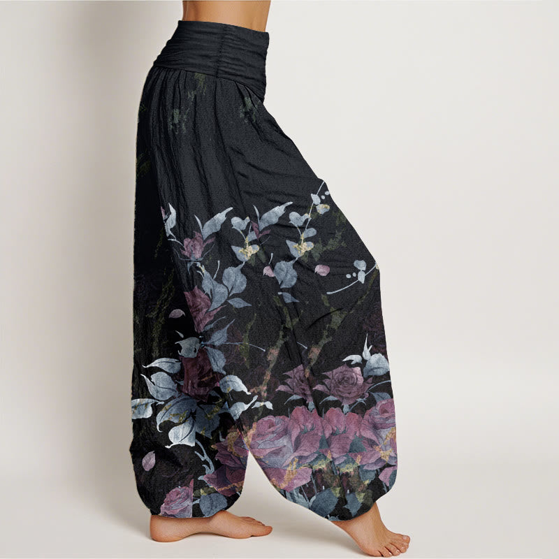 Buddha Stones Pure Cotton Blooming Roses Pattern Women's Elastic Waist Harem Pants - image 7