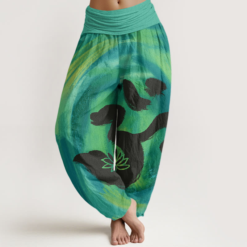 Buddha Stones Cotton OM Symbol Lotus Flower Pattern Women's Elastic Waist Harem Pants - LightSeaGreen - US22，UK/AU26，EU54 (6XL) - image 0