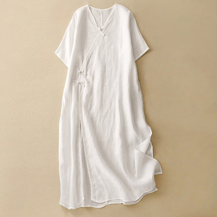 Buddha Stones Summer V-Neck Frog-Button Short Sleeve Cotton Linen Women's Midi Dress - White - US8-10，UK/AU12-14，EU40-42 (2XL) - image 11