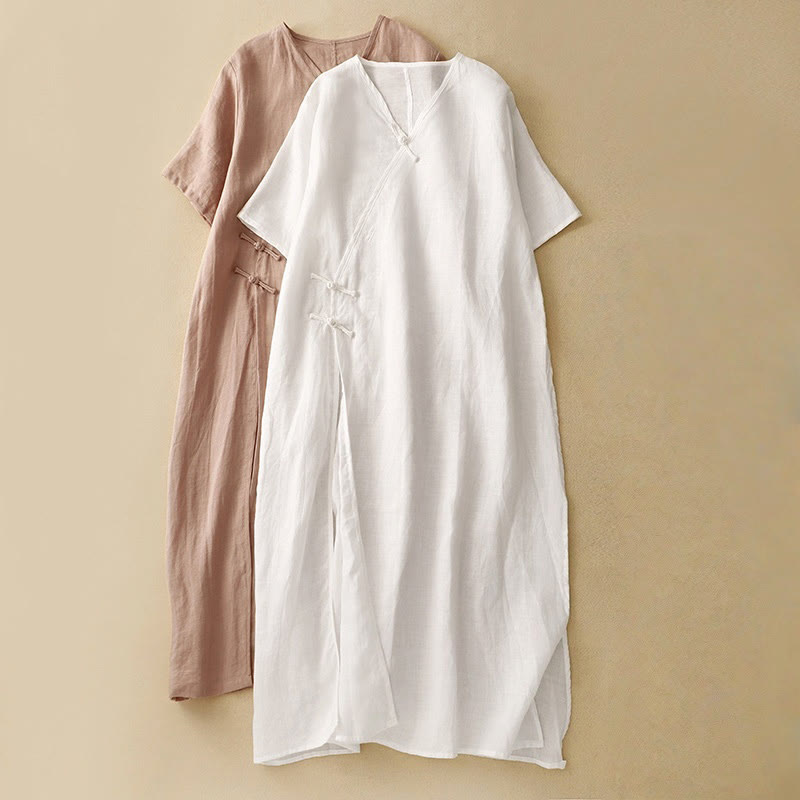 Buddha Stones Summer V-Neck Frog-Button Short Sleeve Cotton Linen Women's Midi Dress - image 12