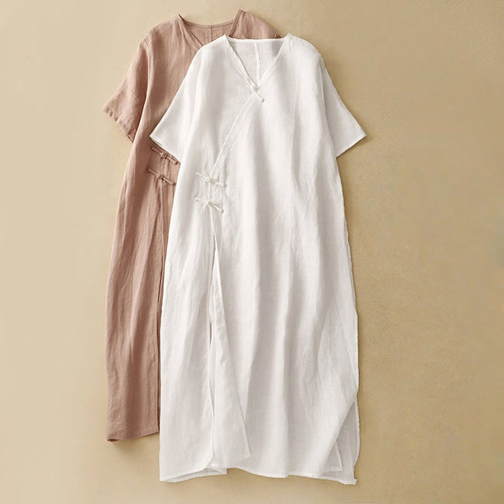 Buddha Stones Summer V-Neck Frog-Button Short Sleeve Cotton Linen Women's Midi Dress - image 12