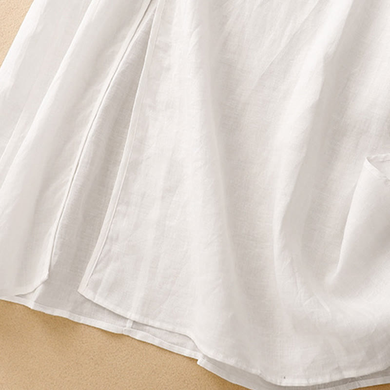 Buddha Stones Summer V-Neck Frog-Button Short Sleeve Cotton Linen Women's Midi Dress - image 12